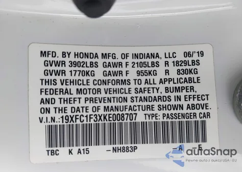 2019 Honda Civic Ex z USA, uszkodzony, nr VIN 19XFC1F3XKE008707